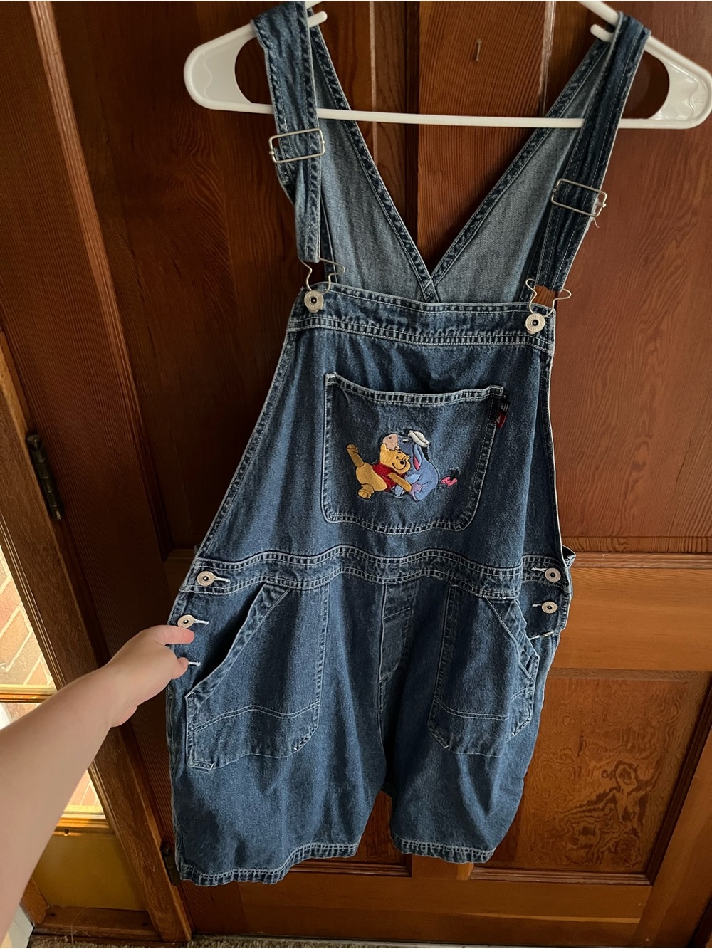 Vintage Disney Denim Winnie the Pooh Embroidered Short Overalls - Blue